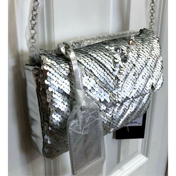 NICOLE MILLER - NWT - Silver Sequined & Vegan Leather Evening Bag. SPARKLY! ♥️ - Picture 5 of 16